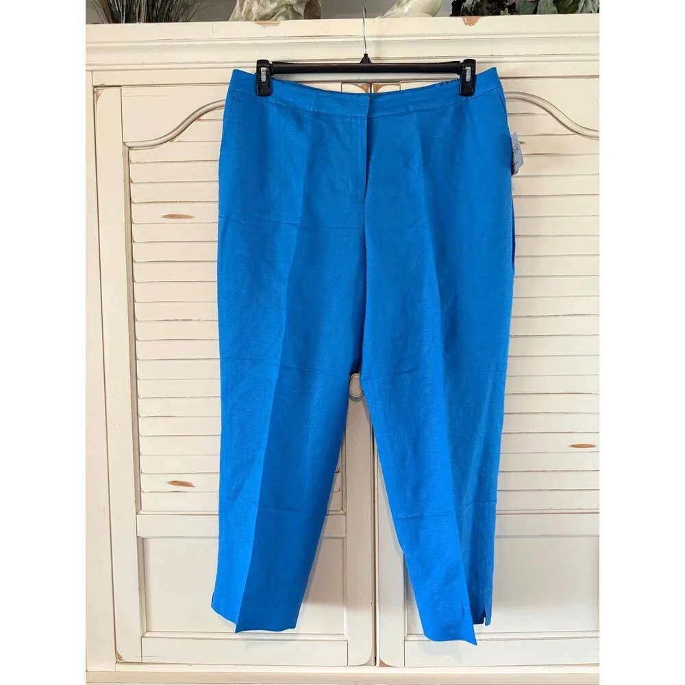 Kasper Pants 16W Blue Linen Blend Straight Leg Mid Rise Fly Front Career NWT - Picture 3 of 3